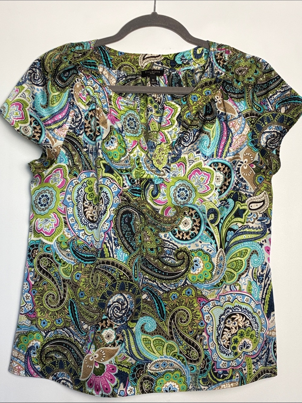 Talbots Green Multi Paisley Scoop-Neck Cap Sleeve Blouse
